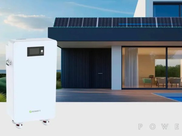 Batería Growatt HOPE de 16 kWh frente a casa con paneles solares (imagen oficial de marca)
