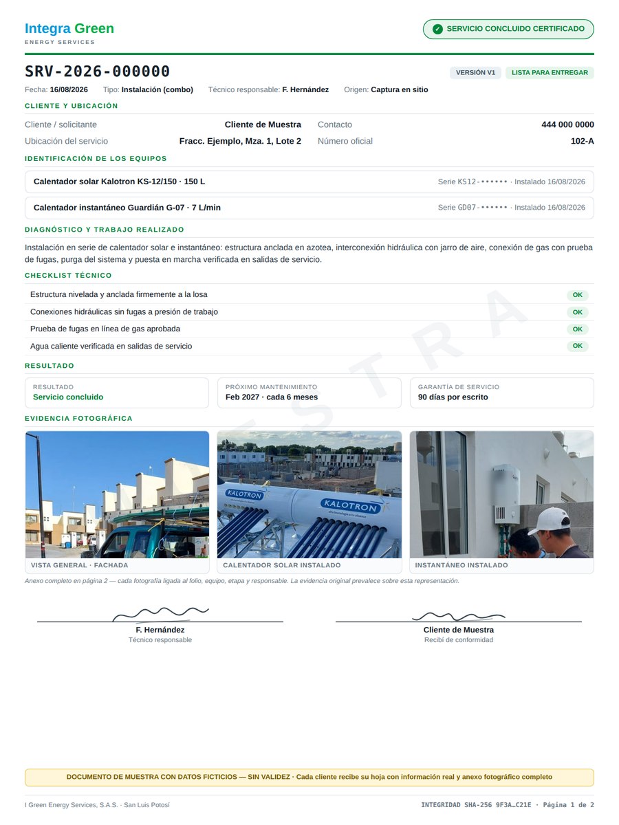 Hoja de servicio de I Green — muestra con datos ficticios: folio, checklist, resultado, próximo mantenimiento y garantía
